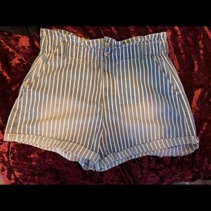 White striped blue jean shorts
